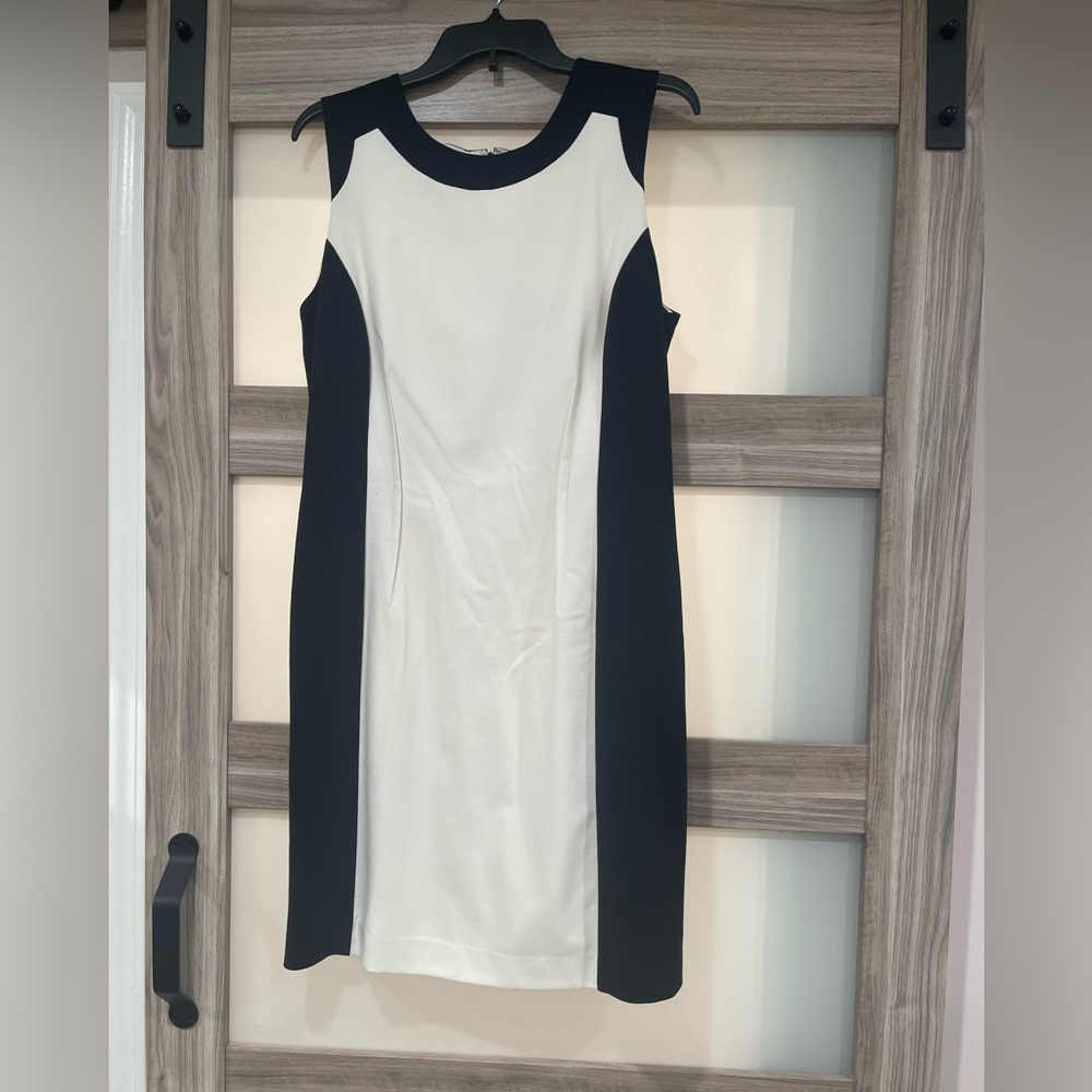 Calvin Klein Black and White Sheath Midi Dress Halter Sleeveless
